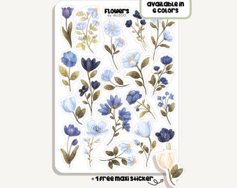 Stickervel met blauwe bloemen | Blauwe bloemstickers | Bullet Journal - Scrapbook - Planner - Decoratie - Planten - Bladeren - Natuur