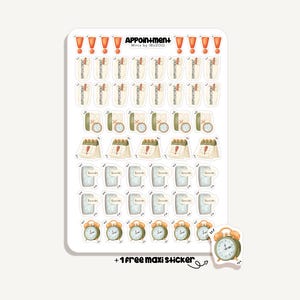 Op de afbeelding: Een stickervel met diverse ontwerpen met als thema afspraken. Bevat wekkers, kalenders en herinneringsnotities. Het vel bevat de tekst "APPOINTMENT" en "Minis by IBUZOO". Er is ook een bonussticker met de tekst "+1 free maxi sticker".