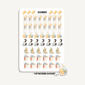 Op de afbeelding: Een stickervel met verschillende illustraties met een schoonmaakthema. De vellen bevatten afbeeldingen van schoonmaakartikelen, vraagtekens en sushi. De tekst "cleaning" en "cleaning day" is ook aanwezig. Het vel bevat ook een gratis maxi-sticker.