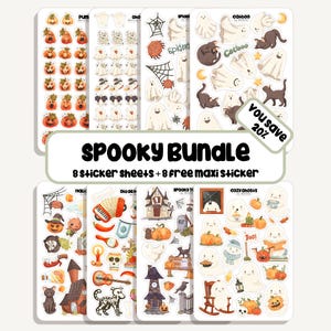 May include: A collection of Halloween-themed sticker sheets featuring pumpkins, ghosts, cats, spiders, and haunted houses. The text "SPOOKY BUNDLE" is displayed, along with "8 sticker sheets + 8 free maxi sticker" and "You save 20%."