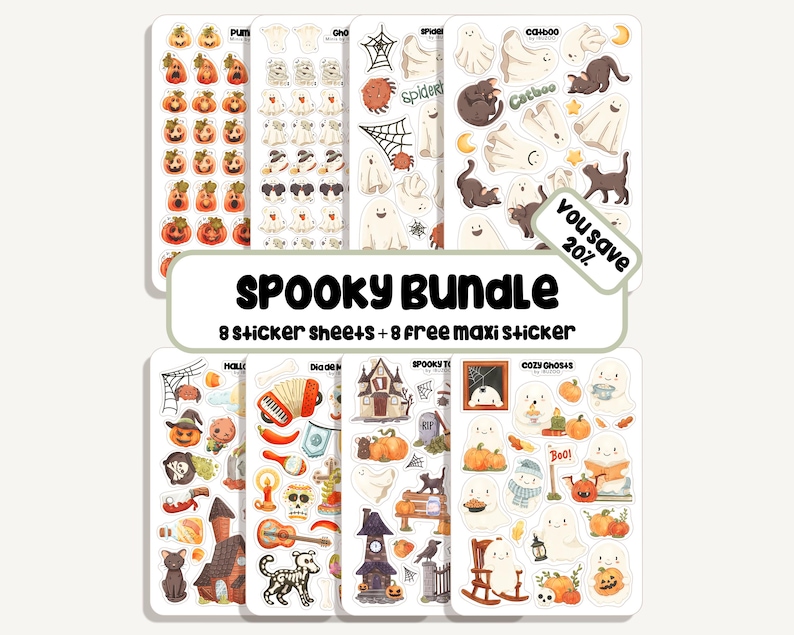 May include: A collection of Halloween-themed sticker sheets featuring pumpkins, ghosts, cats, spiders, and haunted houses. The text "SPOOKY BUNDLE" is displayed, along with "8 sticker sheets + 8 free maxi sticker" and "You save 20%."