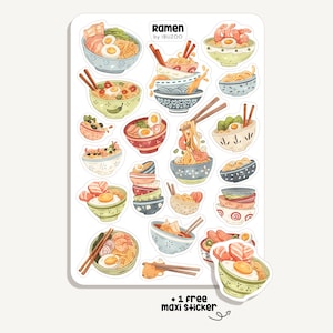 Könnte beinhalten: Ein Stickerbogen mit Illustrationen von Ramen-Schalen, Nudeln, Eiern, Garnelen und Gemüse. Der Bogen enthält den Text "Ramen by IBUZOO" und "+ 1 free maxi sticker". Die Schalen sind in verschiedenen Farben und Designs dargestellt.