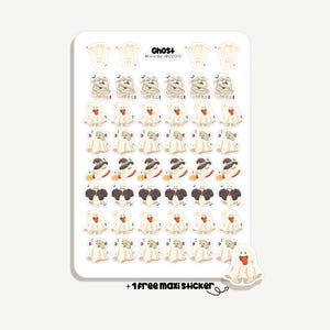 May include: A sheet of stickers featuring various cartoon ghosts in different costumes and poses. The stickers include ghosts wrapped in bandages, wearing hats, and holding pumpkins. The text "Ghost+ Minis by IBUZOO" is at the top. Includes a free maxi sticker.