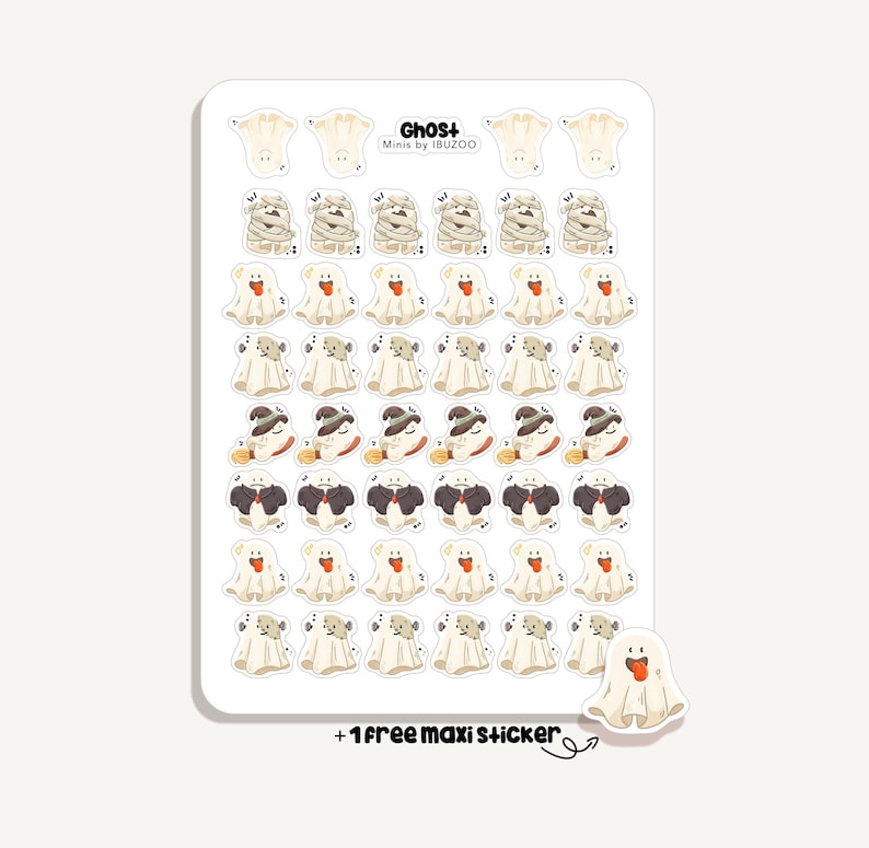 May include: A sheet of stickers featuring various cartoon ghosts in different costumes and poses. The stickers include ghosts wrapped in bandages, wearing hats, and holding pumpkins. The text "Ghost+ Minis by IBUZOO" is at the top. Includes a free maxi sticker.