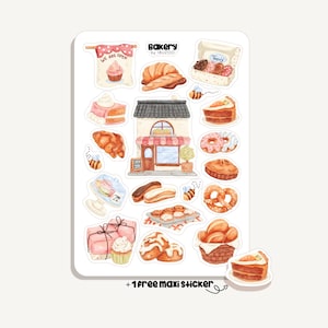 Könnte beinhalten: Ein Stickerbogen mit Illustrationen zum Thema Bäckerei. Enthält Bilder von Gebäck wie Croissants, Donuts, Kuchen und Brot. Der Bogen enthält auch eine Bäckerei-Illustration und den Text "Bakery by IBUZOO".