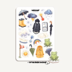 Può includere: Un foglio di adesivi con illustrazioni a tema meteo. Include un ombrello nero, stivali di gomma, un impermeabile giallo, nuvole, un arcobaleno, un termometro, una rana e il testo "Weather by IBUZOO".