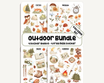 May include: A bundle of four sticker sheets and one free maxi sticker with an outdoor theme. The stickers feature illustrations of forest animals, camping gear, and hiking elements. The text "Outdoor Bundle" is displayed prominently.