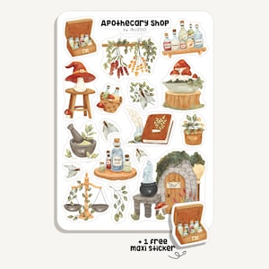 Puede incluir: Una hoja de pegatinas con ilustraciones temáticas de boticario. La hoja incluye imágenes de botellas de pociones, un mortero y una maja, un sombrero de bruja, setas y una pequeña puerta de madera. El texto "APOTHECARY SHOP" está en la parte superior. Incluye una maxi pegatina gratis.