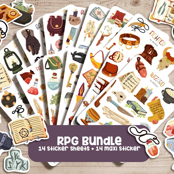 Sticker Set RPG | 14 sticker sheets + 14 maxi stickers | 211 stickers | Bullet Journal Stickers - Planner - Decoration - Gaming