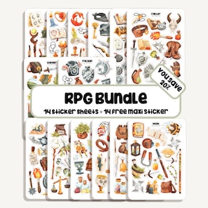Op de afbeelding: Een verzameling RPG-thema sticker vellen. De stickers bevatten verschillende fantasy-elementen zoals drankjes, wapens en rollen. De tekst "RPG BUNDLE" wordt weergegeven, samen met "14 sticker sheets + 14 free maxi sticker" en "you save 20%."