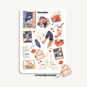Può includere: Un foglio di adesivi con illustrazioni ad acquerello di elementi per appuntamenti serali. Include immagini di una scena di finestra, cuffie, fiori, un cocktail, una scatola di cioccolatini e coppie. Il testo "Date Night" è visibile.