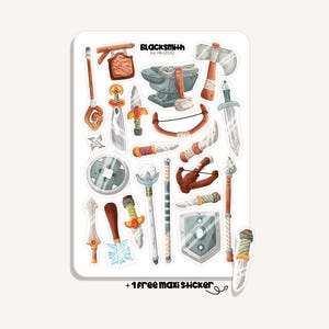 May include: A sticker sheet featuring various blacksmithing tools and weapons, including swords, axes, a bow, and a shield. The sheet includes the text "BLACKSMITH by IBUZOO" and "+1 free maxi sticker". The illustrations are in a cartoon style.