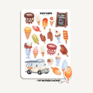 Könnte beinhalten: Ein Stickerbogen mit Illustrationen von Eiscreme-Artikeln wie Eiswaffeln, Eis am Stiel, Eisbechern und Eiscreme-Behältern. Das Blatt enthält eine Illustration eines Eiswagens und den Text "icecreams by IBUZOO" und "ICE CREAM SPECIALS".