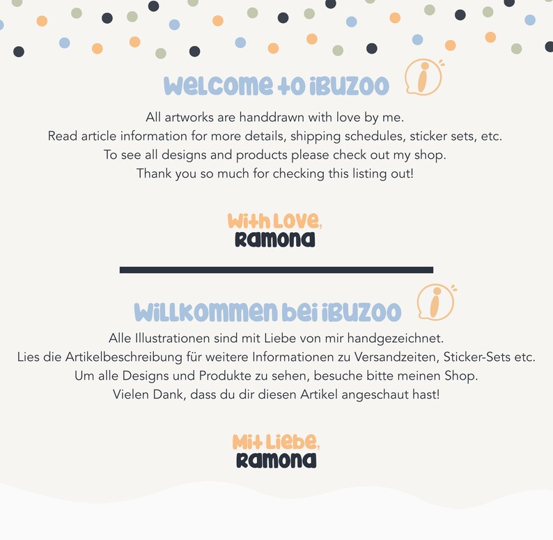 May include: A light background with colorful polka dots and text in English and German. The English text says "WELCOME + iBUZOO" and "With Love, Ramona". The German text says "WILLKOMMEN bei iBUZOO" and "Mi+ Liebe, Ramona".