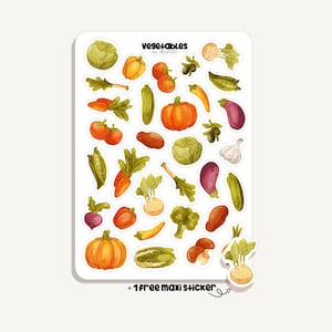 Può includere: Un foglio di adesivi con varie illustrazioni colorate di verdure, tra cui zucche, carote, pomodori, peperoni, melanzane e verdure a foglia. Il testo "vegetables by IBUZOO" è stampato in alto e "+ 1 FREE MAXI STICKER" è in basso.