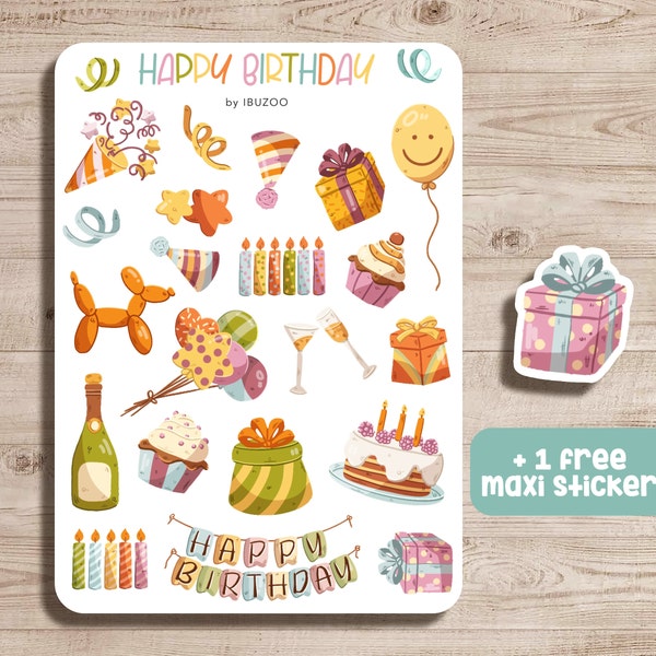 Feuille d’autocollants Joyeux anniversaire | Autocollants Bullet Journal - Autocollants Scrapbook - Autocollants planificateur - Autocollants de décoration - Feuille d’autocollants