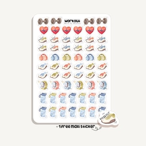 Könnte beinhalten: Ein Stickerbogen mit Illustrationen zum Thema Training. Die Aufkleber zeigen Hanteln, Herzfrequenzmonitore, Turnschuhe, Sporttaschen, Smartwatches und Wasserflaschen. Der Text "WORKOUT" und "SPORT" ist sichtbar. Inklusive einem Maxi-Bonus-Aufkleber.