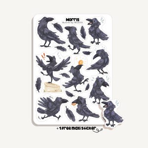 Könnte beinhalten: Ein Aufkleberbogen mit mehreren Illustrationen von schwarzen Krähen in verschiedenen Posen, darunter fliegend, stehend und mit einer kleinen Goldmünze. Der Text lautet Morris Butzies by IBUZOO und + 1 FREE MAXI STICKER. Die Krähen haben dunkelgraue Federn.