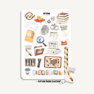 Könnte beinhalten: Ein Stickerbogen mit dem Thema True Crime. Die Aufkleber zeigen einen Tatort, Beweismittel, eine Lupe, Handschellen und einen Fingerabdruck. Der Text "TRUE CRIME" ist ebenfalls vorhanden, sowie "+1 free maxi sticker".
