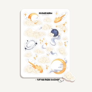 Könnte beinhalten: Ein Stickerbogen mit Illustrationen zum Thema Himmel. Das Design umfasst Halbmonde, Sterne, Wolken und einen dunkelblauen Mond. Der Text "Cloudy Night" steht oben. Ein Bonus-Aufkleber ist enthalten.