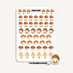May include: A sticker sheet with multiple mushroom illustrations in brown, orange, and cream. The sheet includes the text "MUSHROOM Minis by IBUZOO" and a bonus maxi sticker.