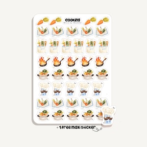 Könnte beinhalten: Ein Bogen mit Aufklebern zum Thema Kochen mit Illustrationen von Karotten, Tellern mit Essen, Kochflammen, Pfannen, Kochmützen und Schüsseln mit Essen. Der Text "COOKING Minis by IBUZOO" steht oben. Enthält einen kostenlosen Maxi-Aufkleber.