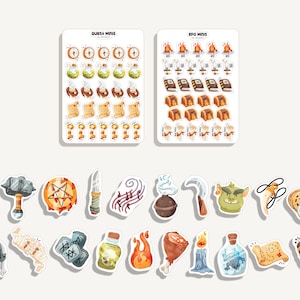 Op de afbeelding: Waterverfstickers met fantasy RPG- en quest-thema's. Inclusief stickers van drankjes, kaarten, sleutels, boeken en andere spelgerelateerde items. De stickers zijn in verschillende kleuren, waaronder bruin, oranje, groen en blauw.