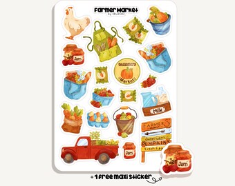 May include: A sticker sheet featuring various farmer's market themed illustrations. Includes a chicken, apron, jam jars, produce, a red truck, and the text "Farmer Market+" and "Farmer's Market". The sheet also includes the text "+1 free maxi sticker".