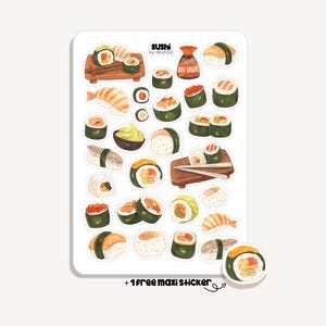 Könnte beinhalten: Ein Stickerbogen mit Illustrationen von Sushi, darunter Nigiri- und Maki-Rollen sowie eine Sojasaucenflasche. Der Text "Sushi by iBUZOO" ist vorhanden. Enthält einen kostenlosen Maxi-Sticker. Die Sushi-Illustrationen sind im Cartoon-Stil.