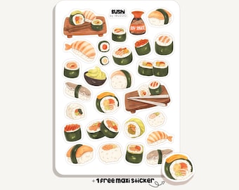 May include: A sticker sheet featuring various sushi illustrations. The sheet includes images of nigiri, maki, and other sushi rolls, along with a soy sauce bottle. The text "Sushi by iBUZOO" is visible. Includes a free maxi sticker.
