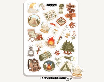 Foglio di adesivi per campeggio | Adesivi per campeggio | Bullet Journal - Album di ritagli - Agenda - Attività all'aperto - Foresta - Escursionismo - Natura