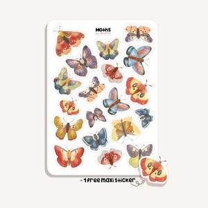 May include: A sticker sheet featuring various moth illustrations in diverse colors including red, blue, yellow, and purple. The text MOTHS by IBUZOO is printed at the top, and the text + 1 FREE MAXI STICKER is printed at the bottom with one extra moth sticker.