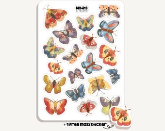 Hoja de pegatinas de polillas | Pegatinas de polillas | Bullet Journal - Álbum de recortes - Agenda - Decoración - Animales - Bosque - Noche - Rastreador