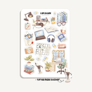 Könnte beinhalten: Ein Stickerbogen mit verschiedenen Illustrationen von Lernutensilien. Der Bogen enthält einen Laptop, Kopfhörer, Bücher, eine Schreibtischlampe und einen Schreibtisch mit einem Computer. Der Text "LOFI STUDY by IBUZOO" steht oben. Enthält einen kostenlosen Maxi-Aufkleber.