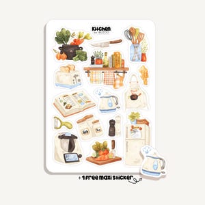 May include: A sticker sheet featuring watercolor illustrations of kitchen-themed items. The sheet includes images of a toaster, cookbook, kettle, cutting board with vegetables, and a refrigerator. The text "Kitchen by IBUZOO" is at the top. Includes "+1 free maxi sticker".