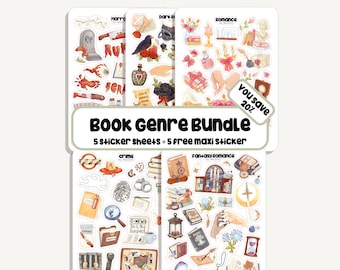 Sticker Set Book Genre | 5 Sticker Sheets + 5 Maxi Sticker | 111 Sticker | Bullet Journal - Planner - Books - Reading - Reader