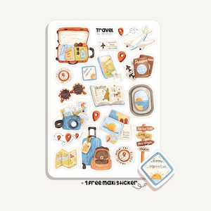 Könnte beinhalten: Ein Stickerbogen mit Illustrationen zum Thema Reisen. Enthält einen Koffer, einen Reisepass, ein Flugzeug, eine Kamera, eine Sonnenbrille, eine Karte und einen Rucksack. Text enthält "Travel by IBUZOO", "Vacation Vibes" und "Summer Inspiration".
