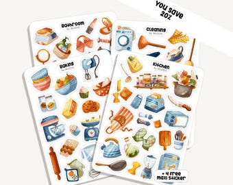 Sticker Set Home | 4 Sticker Sheets + 4 Maxi Sticker | 86 Sticker | Journal Planner - Everyday - Cleaning Day - Kitchen - Bathroom - Baking