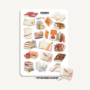 May include: A sticker sheet featuring various illustrated books, open and closed, with a coffee mug, a lamp, and a diary. The text "Reading by IBUZOO" is at the top. Includes a bonus sticker.