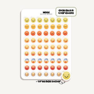 Könnte beinhalten: Ein Aufkleberbogen mit dem Titel MOOD Minis by IBUZOO mit Reihen kleiner runder Emoji-Aufkleber mit verschiedenen Gesichtsausdrücken in Gelb, Orange, Rot und Blau. Der Bogen enthält den Text available in 4 variations und 1 free maxi sticker.