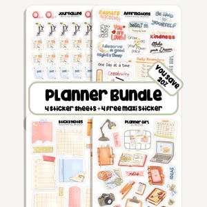May include: A planner bundle with four sticker sheets and four free maxi stickers. The stickers feature journaling, affirmations, and daily reminders. The bundle includes stickers with a variety of designs and colors.