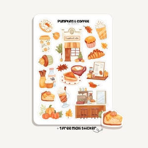 Könnte beinhalten: Ein Stickerbogen mit Aquarellillustrationen zum Thema Herbst. Der Bogen enthält Bilder von Kürbissen, Kaffeetassen, Gebäck und einem Café. Der Text "Pumpkins & Coffee" steht oben, mit "+1 free maxi sticker" unten.