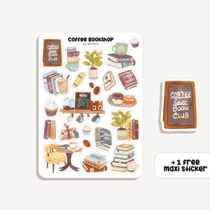 Foglio di adesivi Coffee Bookshop| Adesivi di caffè e libri | Bullet Journal - Scrapbook - Planner - Decorazione - Lettura - Regalo libro