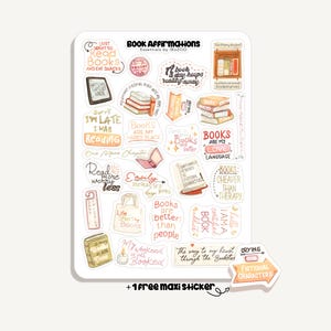 Könnte beinhalten: Ein Stickerbogen mit Buch-bezogenen Zitaten und Affirmationen. Das Design enthält Sätze wie "Bücher sind mein glücklicher Ort" und "Ich möchte nur Bücher lesen und Snacks essen". Die Aufkleber haben eine weiche Farbpalette mit Pastelltönen und handgeschriebenen Schriftarten.