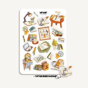 May include: A sticker sheet featuring various illustrations related to writing and reading. The designs include open books, a desk lamp, a laptop, glasses, and stacks of books. The text "writer by IBUZOO" is at the top. Includes a free maxi sticker.