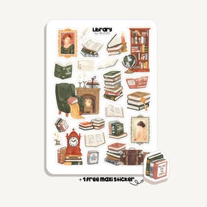 Puede incluir: Una hoja de pegatinas con ilustraciones temáticas de biblioteca. El diseño incluye pilas de libros, una chimenea, un globo terráqueo, retratos, un reloj y el texto "Library by IBUZOO". Incluye una maxi pegatina gratis.