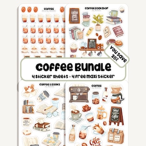 Könnte beinhalten: Ein Kaffee-Themen-Sticker-Bundle mit vier Stickerbögen und einem kostenlosen Maxi-Sticker. Die Aufkleber zeigen verschiedene Kaffeegetränke, Kaffeehausartikel und Kaffeezubehör. Der Text "Coffee Bundle" und "You save 20%" sind ebenfalls sichtbar.