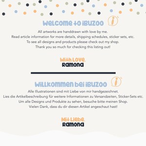 May include: A digital graphic with a cream background featuring scattered polka dots in blue, tan, and dark gray. The text reads: Welcome to iBUZOO, All artworks are handdrawn with love by me. Read article information for more details, With Love, Ramona.