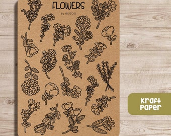 Sticker Sheet Flowers Kraft Paper | Bullet Journal Stickers - Scrapbook Stickers - Planner Stickers - Decoration Stickers - Stickersheet