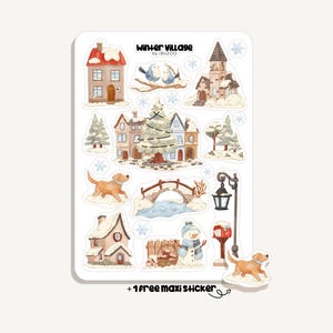 May include: A sticker sheet titled Winter Village by IBUZOO featuring watercolor illustrations of snow-covered houses, a decorated Christmas tree, a stone bridge, a snowman, a lamppost with a mailbox, two birds, and golden dogs in the snow.